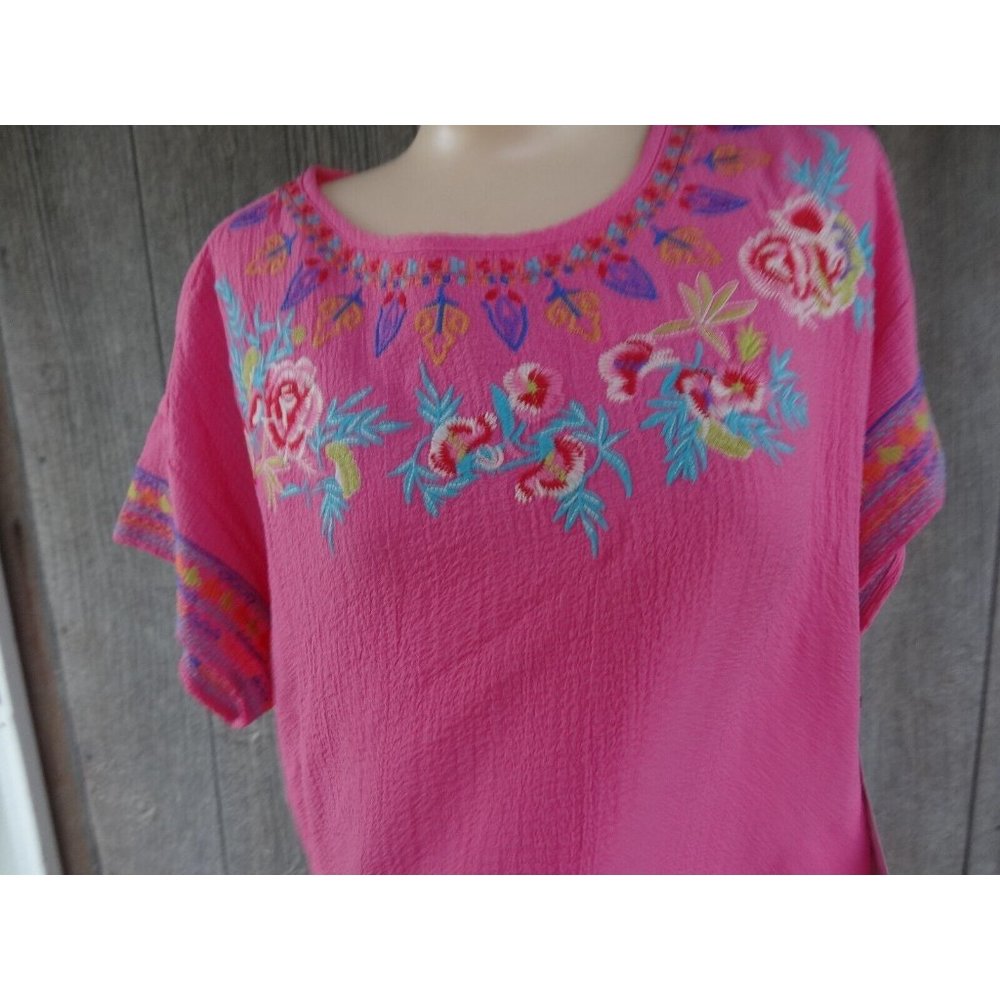 Calessa Bright Pink Embroidered Textured Blouse L NWT Polyester Blend W Pockets